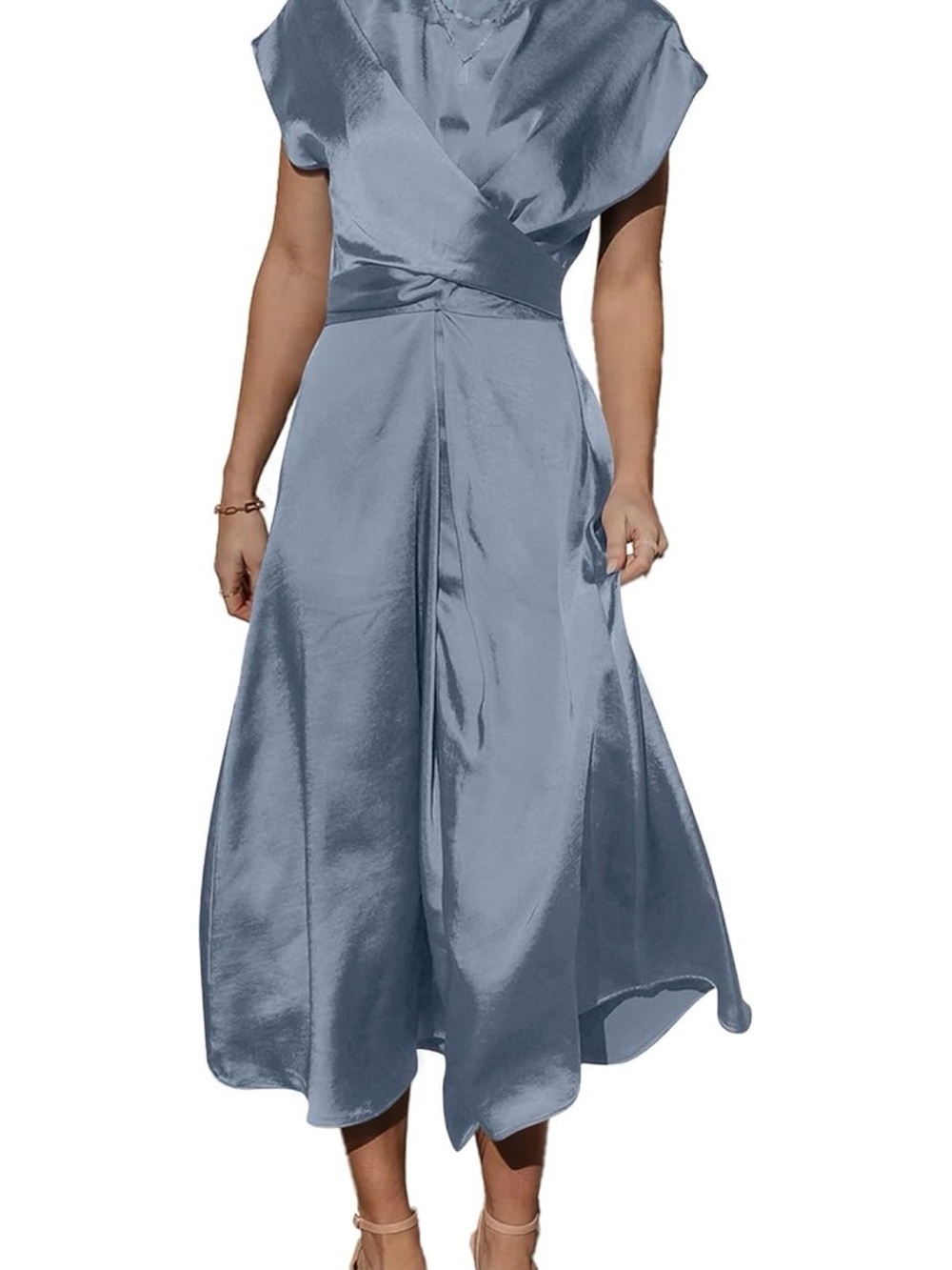 Satin Wrap Midi Dress in Steel Blue